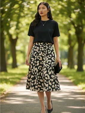 Midi A-Line Animal Print Skirt in Black and Cream Large